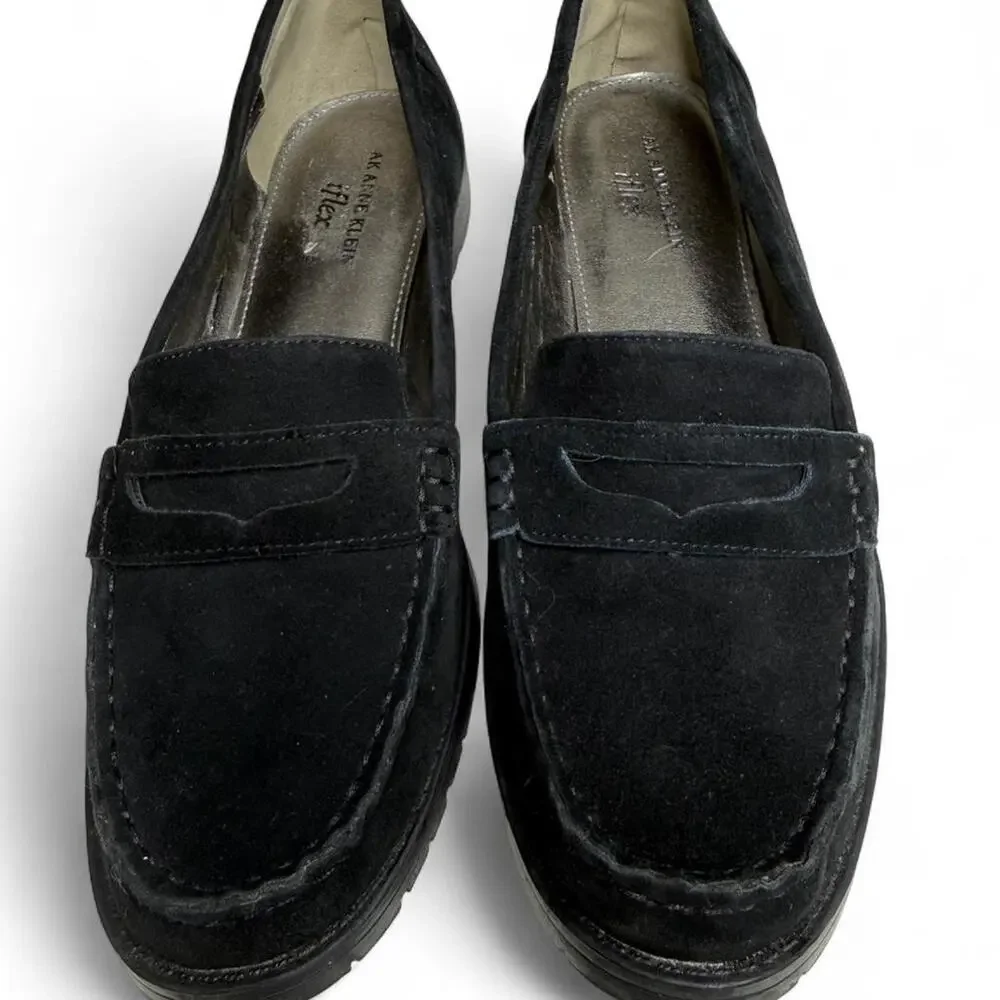 Anne Klein Academia Black Suede Penny Loafers – Chunky Sole | Y2K Size 9
